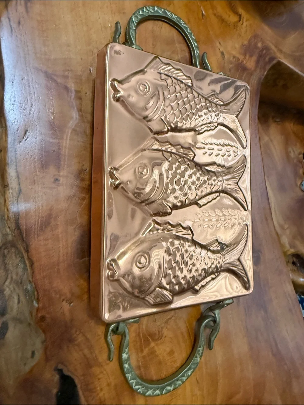 Vintage Copper Plated Fish Mold. Koi Fish. Brass and Iron Handles. Kitchen decor